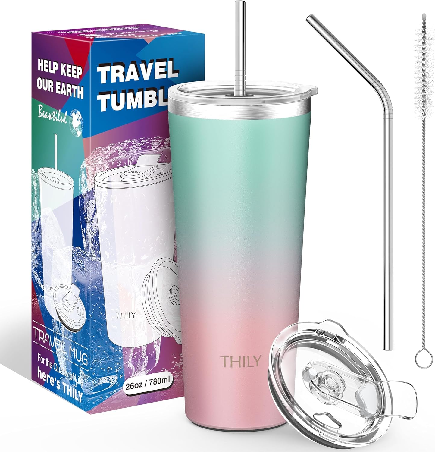 THILY Stainless Steel Vacuum Insulated Tumbler Travel Mug 26 oz Coffee Cup with 2 Lids and Straws, Splash Proof, Keep Ice Drinks Cold, Candy Pink