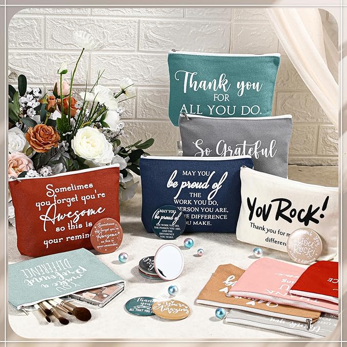 40 Pcs Employee Appreciation Gifts For Women Inspirational Canvas Makeup Bags Portable Compact Mirror Bulk Cosmetic Bags Thank You Gifts for Social Worker Coworkers (Praise,Vintage)