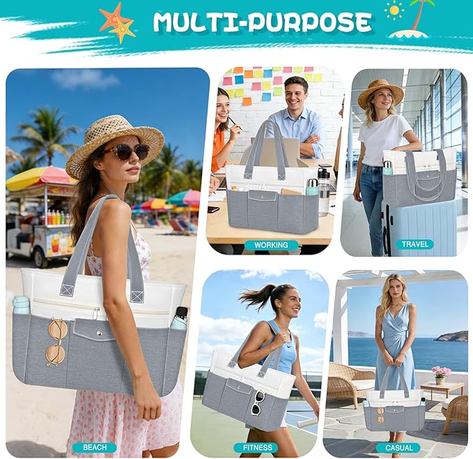 Beach Bags for Women Large Canvas Beach Tote with Zipper Wet Pocket, Waterproof Foldable Swim Pool Travel Tote Bags