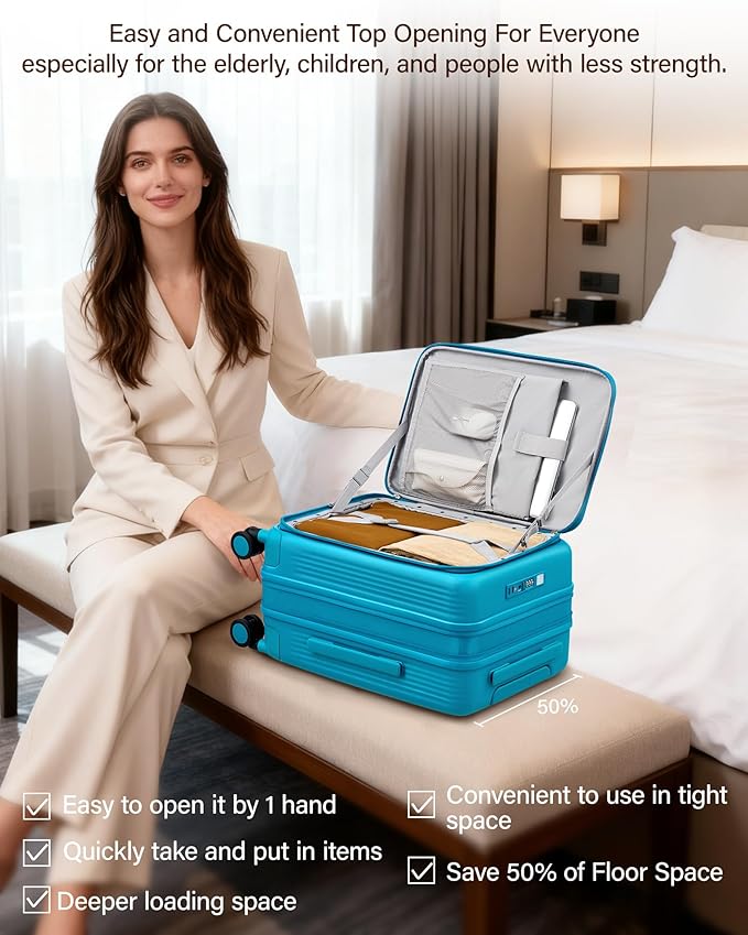 Hanke Expandable Luggage Top Opening Travel Luggage Rolling Suitcase with Cup Holder Hard Shell Suitcases with Wheels (Caribbean Blue +20 Inch EXT)