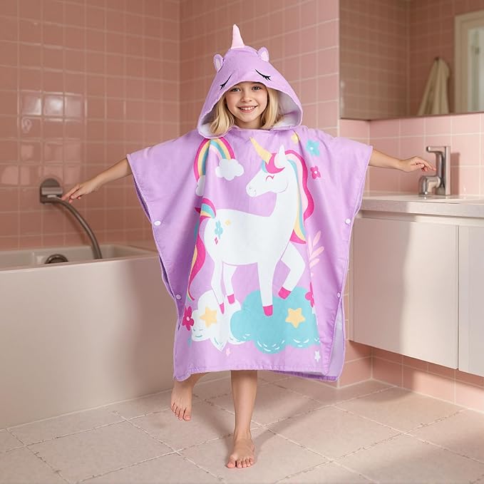 Joiedomi Kids Beach Towels with Hood for Girls Purple Unicorn Hooded Toddler Bath Towel Quick Dry Soft Microfiber 30"x30"
