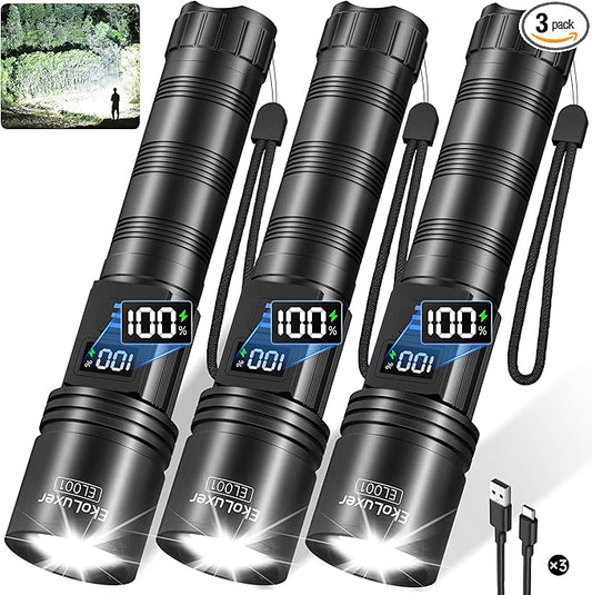 3Pack Rechargeable Flashlights 10000 High Lumens, Super Bright Flashlight with LCD Digital Display, 5Modes Adjustable LED Flashlight Tactical Flashlights High Powered, Flash Lights for Emergency