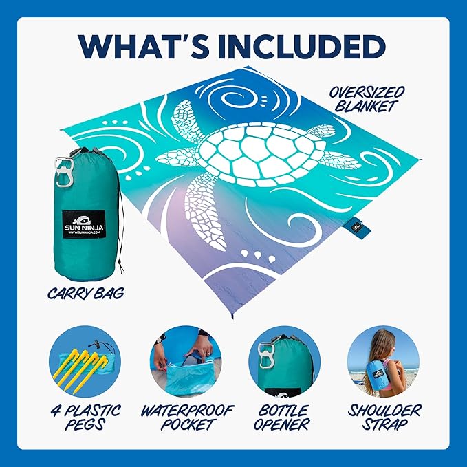 SUN NINJA Oversized Beach Blanket - Sandproof Beach Blanket, 10ft x 9ft Sand Free Blanket, Lightweight, Water Resistant, Includes Carry Bag, 4 Pegs, Shoulder Strap for Family Outings