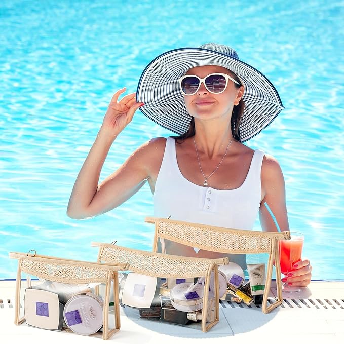 Boho Patch Cosmetic Bag - 3Pcs Summer Toiletry Bag Beige Clear Waterproof Travel Makeup Bag PVC Zipper Clutch Daily Use Purse Summer Beach Gifts for Women Girls (Clear Cosmetic Bag)