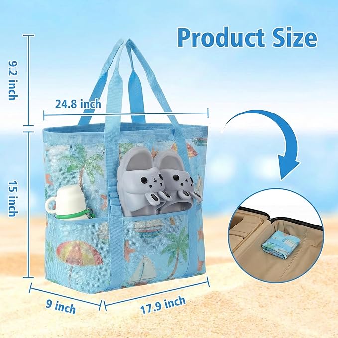Mesh Beach Bags for Women - Family Beach Tote Bag for Toys, Towels, Travel Vacation Cruise Essentials