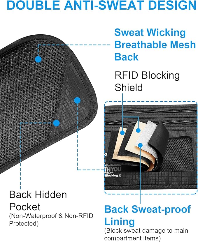 Hidden Money Belt for Travel, RFID Blocking, Sweat-Proof, Heavy-Duty Buckle, 3rd Gen Waist Wallet Anti Theft to Protect Cash, Credit Cards and Documents Under-Clothes for Men & Women, Black