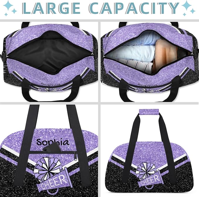 Personalized Glitter Purple Cheer Bag for Cheerleaders, Custom Sport Gym Bag Dance Bag Travel Duffle Bag Cheerleading Gifts for Women