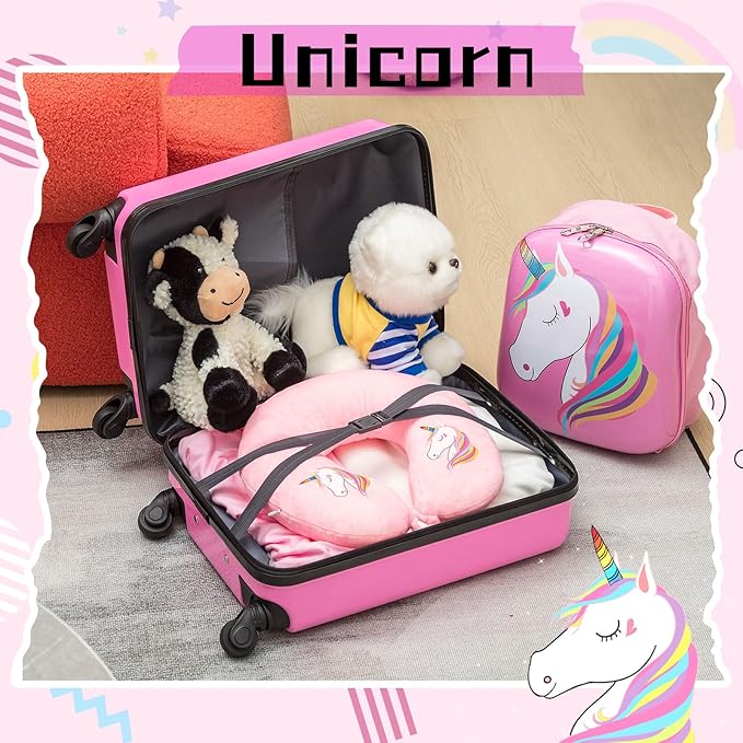 Sanwuta 4 Pcs Kids Luggage Set Rolling Suitcase Backpack U-shaped Pillow Kids Carry On Gift for Summer Travel Family Trip(17 Inch,Unicorn Style,Pink)