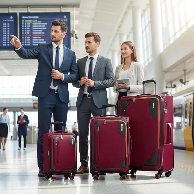 3-Piece Softside Expandable 20% Luggage Set with Front Open Pocket,Softside Suitcases w/Spinner Wheels,Lightweight Durable Rolling Luggage w/TSA LOCK（Burgundy,22in/28in/32in）