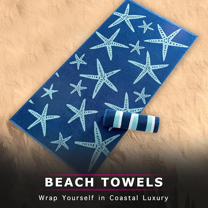 CASA COPENHAGEN Miami Towel 2Pcs Starfish Navy - Navy Stripe Designer Stripe Beach Towels Gift Set, 35"x70" Oversized 100% Cotton Pool Bath Towel for Beach Gift Set (Summer Gift Set for Women & Men)