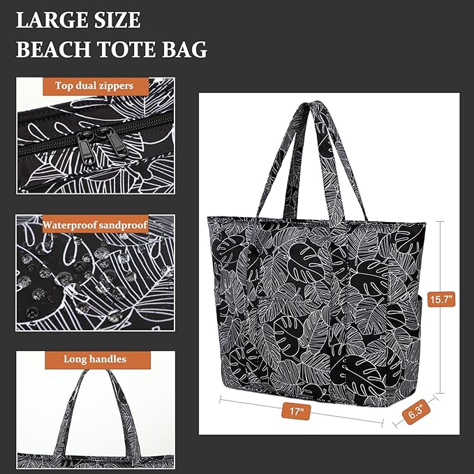 Octsky Large Beach Bags for Women - Waterproof Sandproof Beach Tote with Dual Zipper and Wet Pocket - 3 Outside Pockets