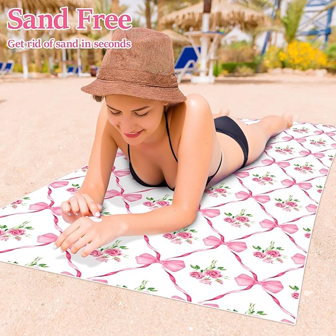 Pink Bow Oversized Beach Towel - Flower Double-sided Thin Microfiber Lightweight Pool Towel 71"x35" Quick Dry Towel Sand Free Blanket for Bath Sport Travel Beach Swimming Camping for Girl Women