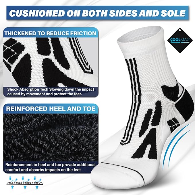 Hylaea Compression Running Socks for men, Coolmax Anti-Blister Cushion Crew Socks for Athletic, Moisture Wicking & Seamless