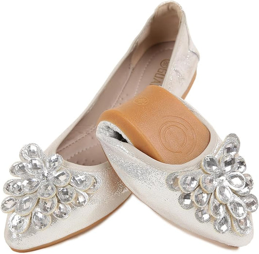 Flats Shoes for Women Rhinestone Wedding Ballerina Shoes Foldable Sparkly Comfort Slip on Flat Dressy Flats