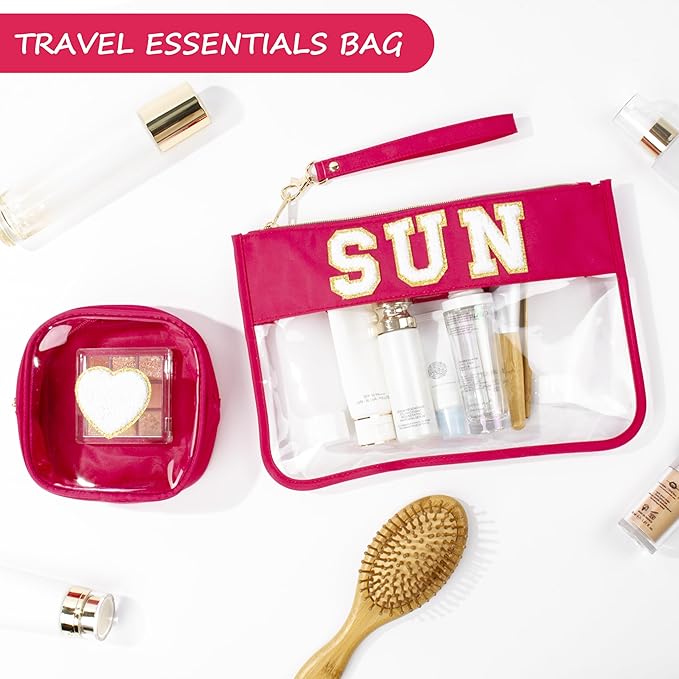 Preppy Patch Sun Cosmetic Bag Summer Sunscreen Toiletry Bag Portable PVC & Nylon Waterproof Makeup Bag Daily Use Storage Purse Travel Swimming Beach Bag for Women Girls