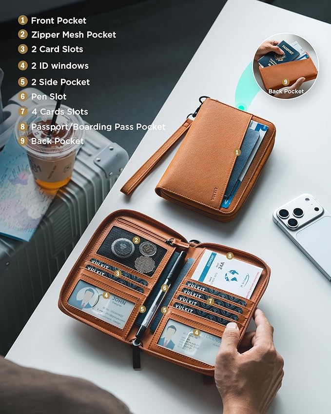 VULKIT Leather Passport Wallet RFID Blocking with Wrist Strap, Travel Document Organizer - 6 Credit Card Slots, 2 Interior + 2 Exterior Passport Slots, 2 ID Windows, Zipper Closure, Brown
