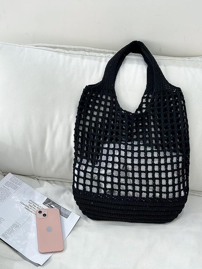 ENBEI Women Foldable Beach Tote, Washable Lightweight Beach Bag, Eco-Friendly Knit Shoulder Purse for Travel/Shopping/Gifts