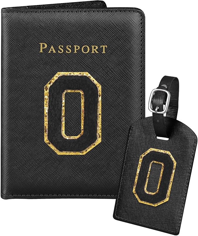 Slohif Passport Holder Initial Lugguage Tag Set Suitcase Cover Wallet Case for Travel Women - Leather Letter Passport Book Personalized Organizer Card Protector Sleeve Essentials Slim Carrier Black O