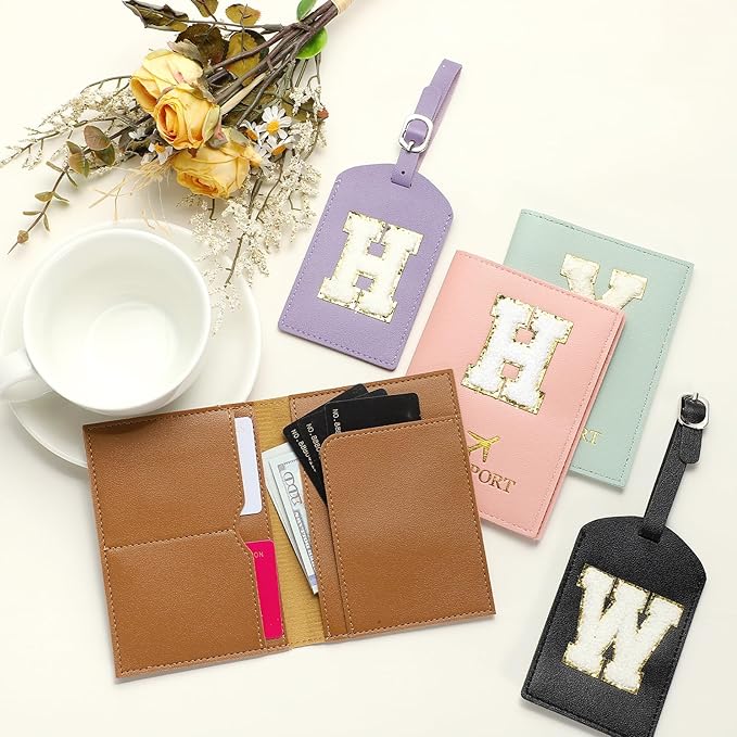 PATIKIL Passport Holder for Travel, Initial Passport Cover and Luggage Tag Set with Alphabet Chenille Letter Patch Travel Wallet Bag Suitcase Identifier for Women Family Travel Brown D
