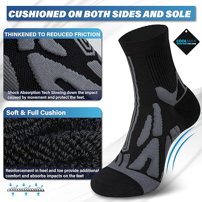 Hylaea Compression Running Socks for men, Coolmax Anti-Blister Cushion Crew Socks for Athletic, Moisture Wicking & Seamless