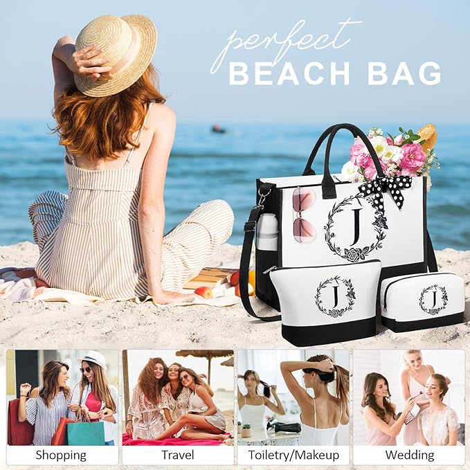 Personalized Gifts for Women, Initial Canvas Tote Bag & Makeup Bag Monogrammed Beach Tote Bags for Women w/Zipper, Easter Gift Bags Mothers Day Birthday Gifts for Mom Her Sister Best Friend Teacher