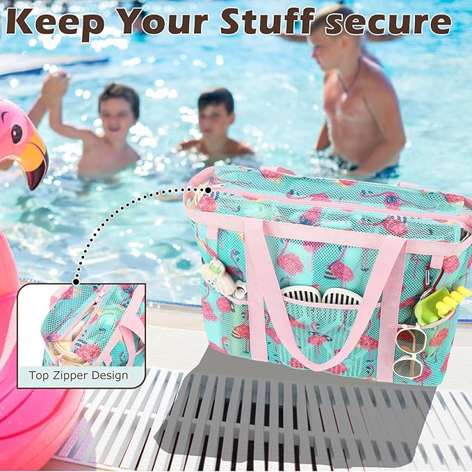 Mesh Beach Bag with Zipper, Large Beach Tote for Women, Toys Pool Swim Bag Travel Vacation Cruise Essentials