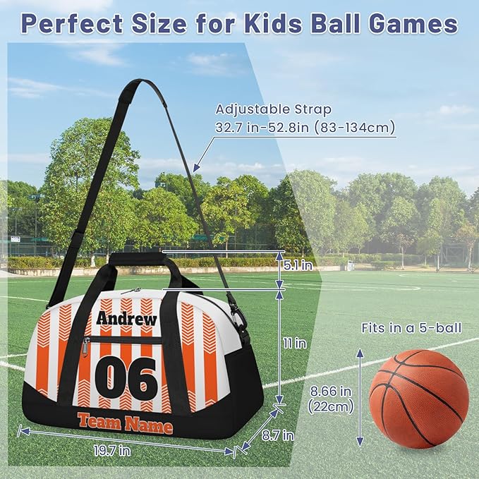 Basketball Soccer Gifts for Boys Girls - Custom Sports Duffle Bag, Personalized Name & Team Bag, Water-Resistant Gym Bag for Basketball, Soccer, Volleyball | Y-Orange Black