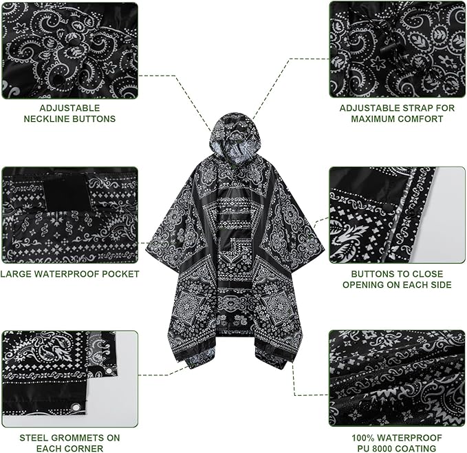 Hooded Rain Poncho for Adults - Waterproof Rain Coat and Lightweight Jacket 3-in-1 Multi-Function with Pockets