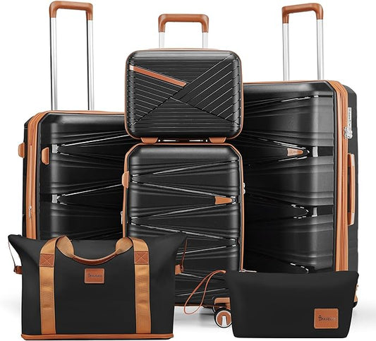6 Piece Luggage Set PP Hardshell, Expandable Suitcase Set with Spinner Wheels (20/24/28), Includes 14" Cosmetic Case, Travel Duffel & Toiletry Bag, Lightweight TSA Lock Nested Set (Black)