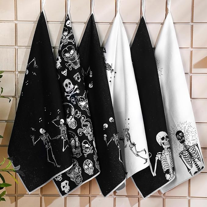 Bencailor 6 Pcs Skull Kitchen Towels Skeleton Dish Hand Towels Gothic Spooky Skull Tea Washcloth for Bathroom Kitchen Goth Horror Decor Gifts 24 x 16''