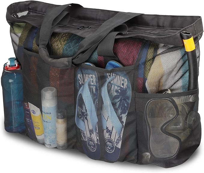 Extra Large Beach Bag Mesh Tote with Zipper and Pockets Ideal for Your Family Cruise/Beach Vacation Essentials | Extra Large, with Zipper, and Pockets