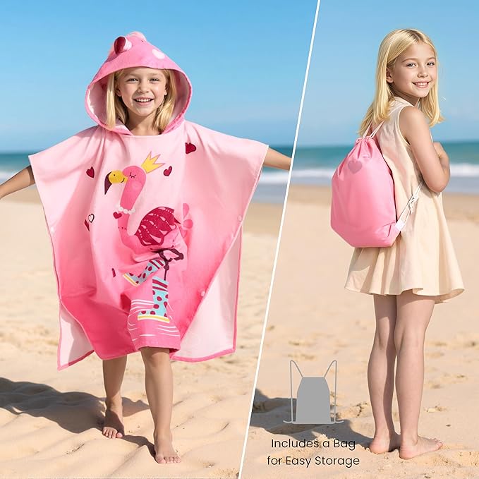 Joiedomi Kids Beach Towels with Hood for Girls Flamingo Hooded Toddler Bath Towel Quick Dry Soft Microfiber 30"x30"