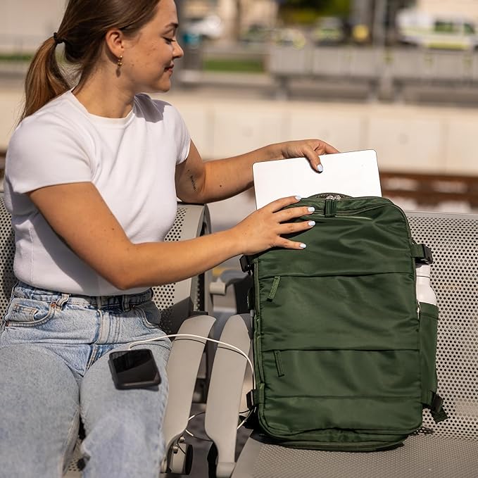 (Not Made In China) Travel Backpack For Men and Women, Airline Approved Carry On Bag w/Shoe Compartment, Holds 15.6" Laptop, USB Charging Port (Columbus, Green, 2 Pack)