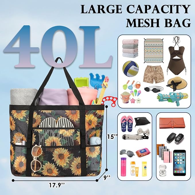 Mesh Beach Bag, Large Beach Tote with Zipper Pocket, Toys Pool Bag for Family Travel Vacation Cruise Essentials