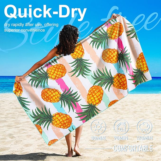 4 Packs Lightweight Thin Microfiber Beach Towel Oversized Quick Dry Compact Sandproof Clearance Towels Sand Free Camping Swimming Accessories Essentials Women AdultsPineapple Flower Turtle Flamingo