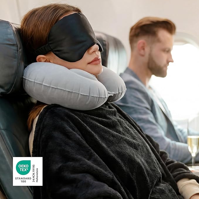 Bedsure Travel Blanket and Pillow Set with Inflatable Neck Pillows, Eye Mask and Storage Bag, Lightweight 3-in-1 Airplane Packable Blanket, Compact Travel Essentials, Black