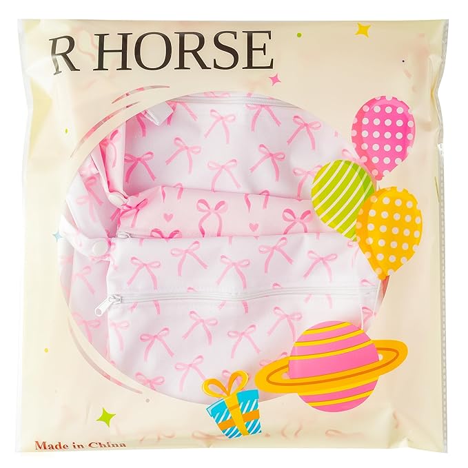 R HORSE 5Pcs Waterproof Baby Diaper Bag, Cute Pink Bow Wet Dry Bag with Handle Zipper Toiletry Organizing Pouches for Cloth Diapers Swimsuits Travel Beach Pool Essentials for Boys Girls