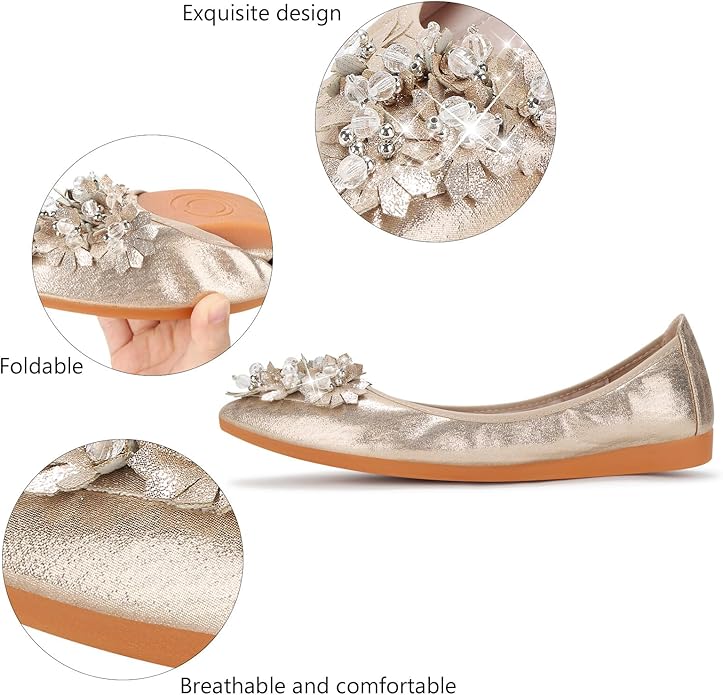 KUNWFNIX Women Ballet Flats Rhinestone Wedding Ballerina Shoes Foldable Sparkly Comfort Slip on Flat Shoes