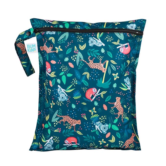 Bumkins Waterproof Wet Bag for Baby, Travel, Swim Suit, Cloth Diapers, Pump Parts, Pool, Beach, Gym Clothes, Toiletry, Hook to Stroller, Daycare, Zipper Reusable Wetdry Packing Pouch, Jungle