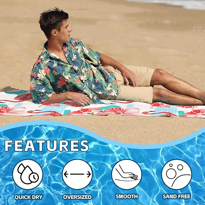 Hibiscus Beach Towel,Tropical Flamingo and Red Hibiscus Lightweight Compact Sand Free Quick Dry Oversized Pool Swimming Towels for Girls Women Adults,29.5"×59"