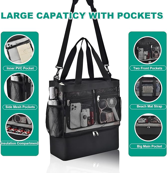 Beach Bags for Women, Large Beach Tote Bag Waterproof Mesh Swim Pool Bag with Cooler for Travel Vacation Essentials