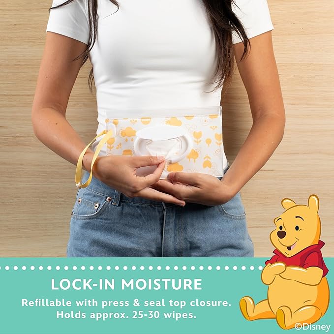 Disney Baby by J.L. Childress Reusable Wet Wipes Case Pouch - Refillable Baby Wipes Dispenser, Travel Essential for On the Go, Portable Holder with Wrist Strap - Winnie the Pooh, 2 Pack
