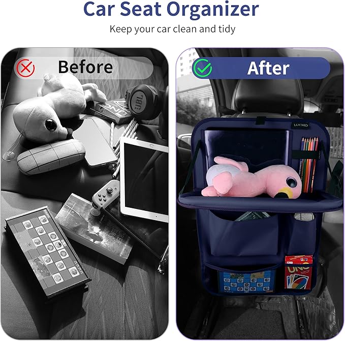 LUCMO Car Backseat Organizer with Tablet Holder-2 Pcs,6 Storage Pockets Car Storage Organizer with Foldable Food Tray,Protectors Kick Mats Travel Accessories-Dark Blue