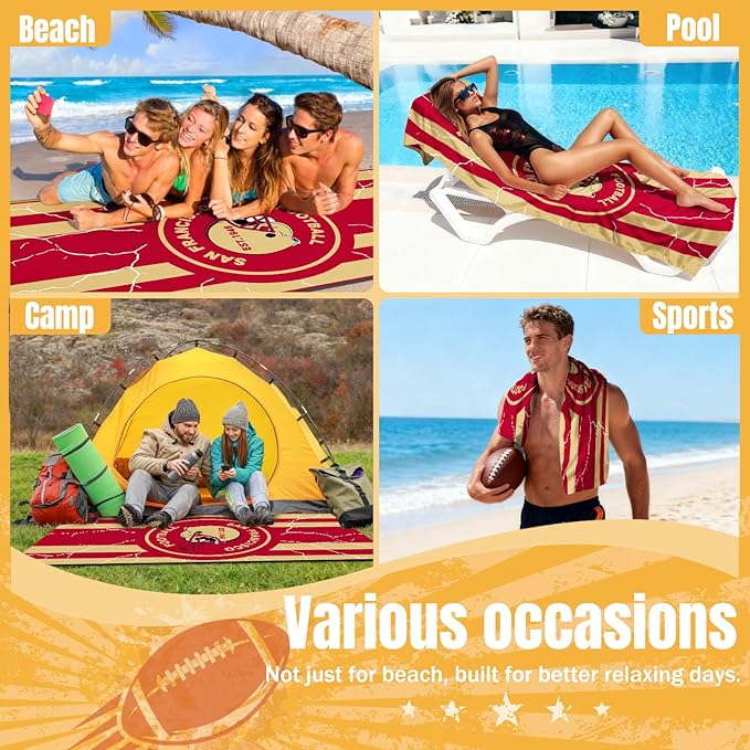 2 Pack Football Fan Thin Lightweight Microfiber Beach Towel San Francisco Themed Sand Free Oversized Quick Dry Towels Men Women Gear 49er Team Dad Husband Guy Him Xmas Father Gag Funny