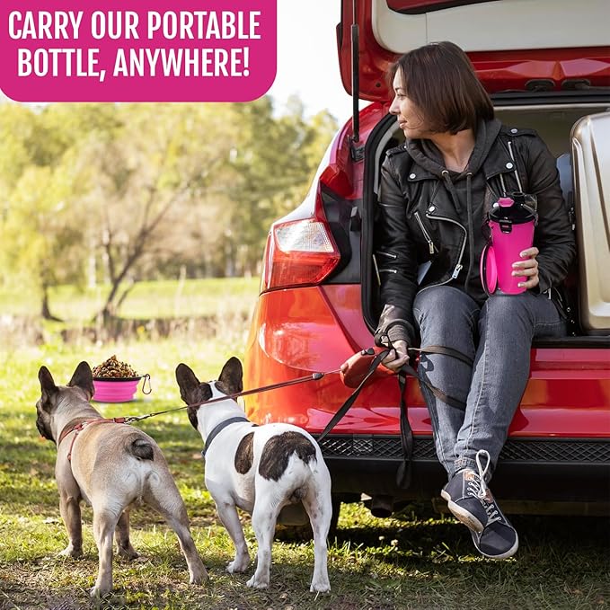 Dog Travel Water Bottle W/Collapsible Bowls - Portable 2 in 1 Leakproof Pet Water Bottle Food Container Ideal for Travel, Outdoor Portable Water Bowls for Walking, Camping & Hiking - (Pink)