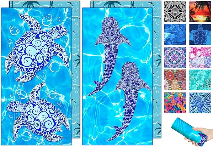 Margelife Sand Proof Microfiber Beach Towels Adult –Quick Fast Dry Beach Oversized for Swim Pool Yoga Travel Blanket Essentials Lightweight Accessories Must Haves Women Gifts Blue Turtle Whale