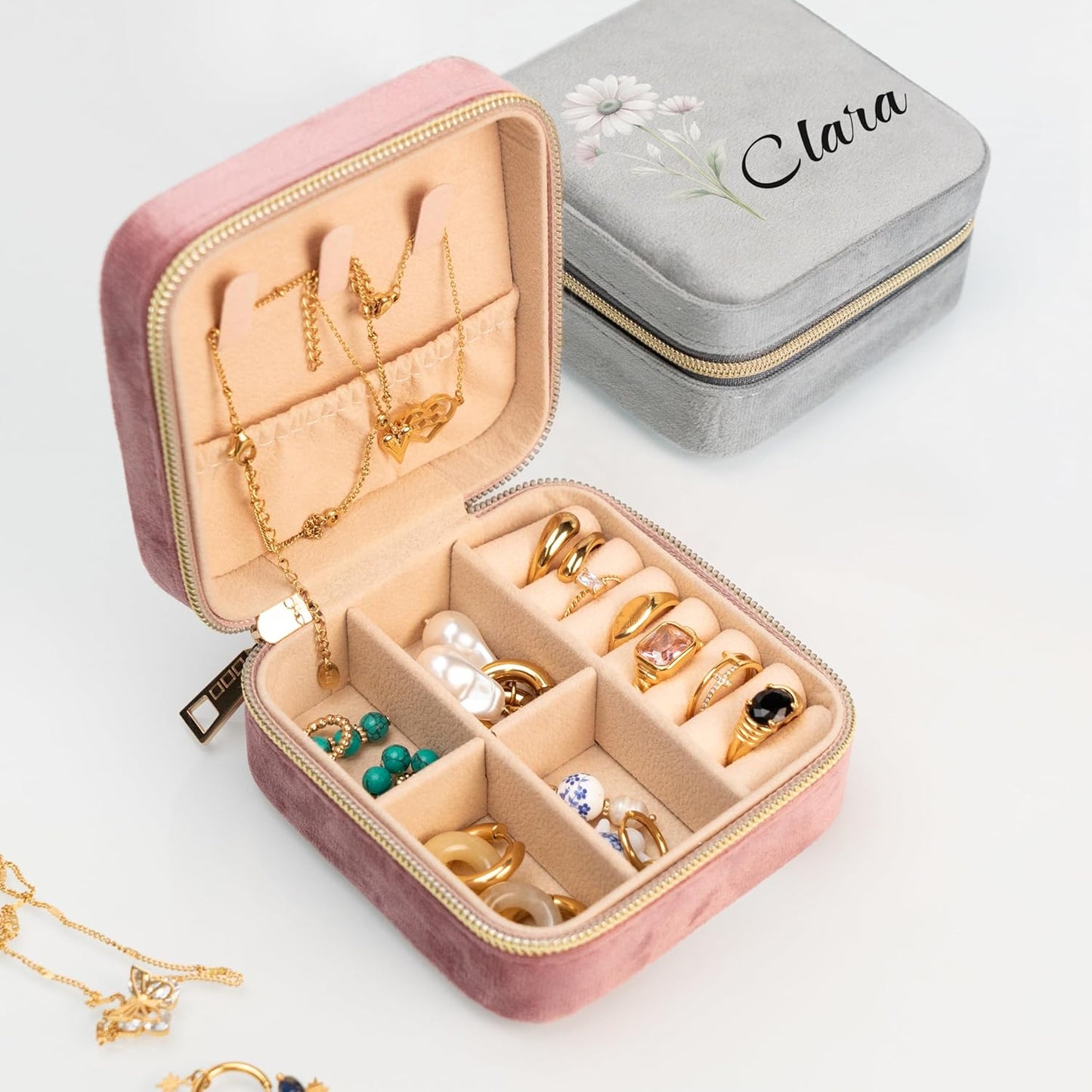Custom Birth Month Flower Jewelry Box with Name, Plush Velvet Travel Jewelry Case Organizer, Personalized Birth Month Flower, Women's Favorite Things, Gifts For Daughter, Girlfriend, Mom and For Her