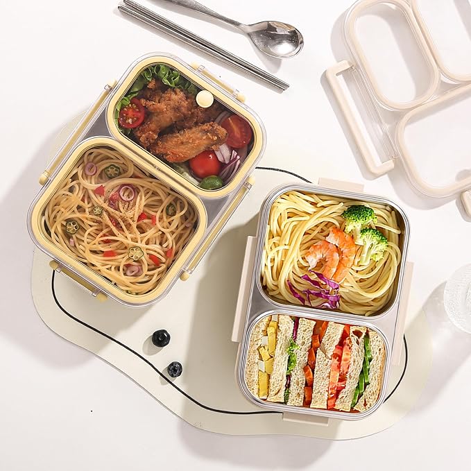 Stainless Steel Lunch Box with 2 Compartments, Leakproof, 30.5 oz Food Storage Containers, Bento Box for Adults,Men,Women(Yellow)