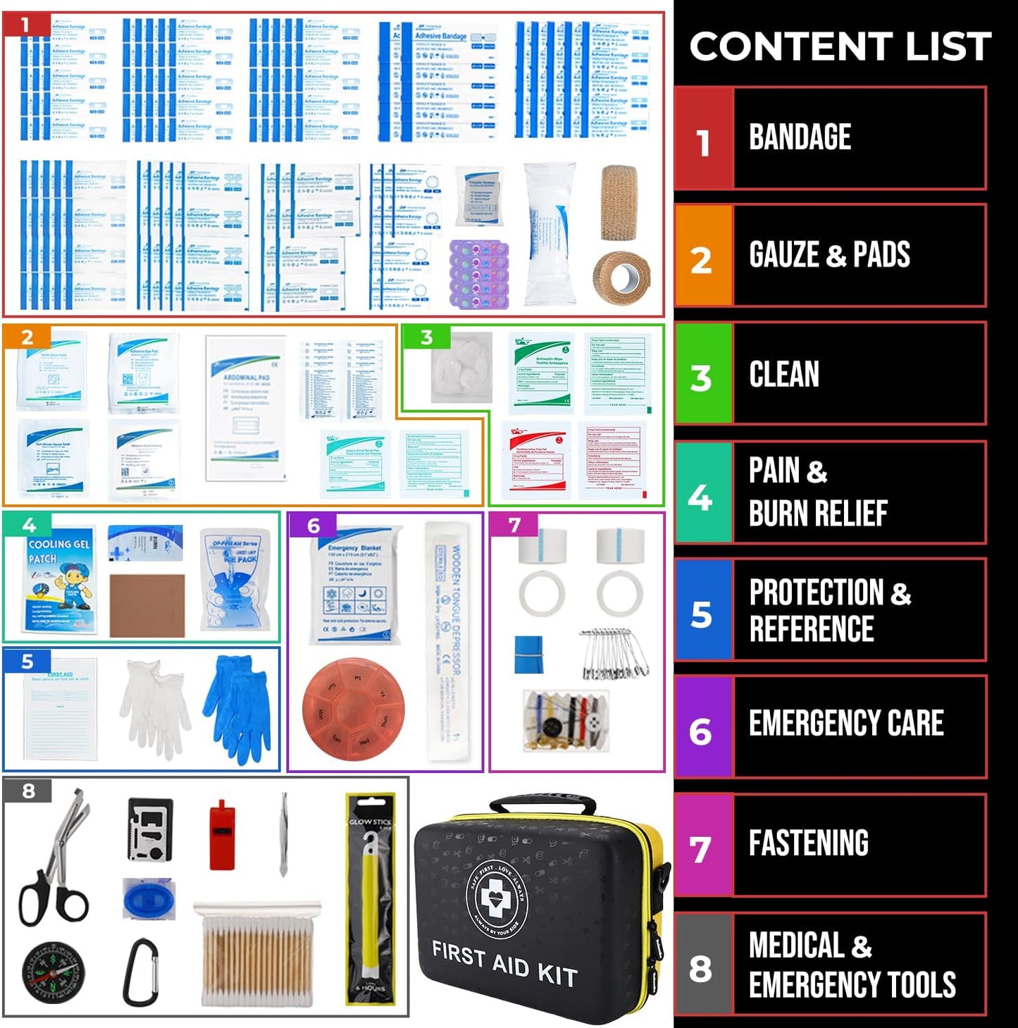 Emergency First Aid Kit 410 PCS – Hard Shell Dual-Color Survival Kit with Glow Interior for Home, Car, Camping & Outdoors