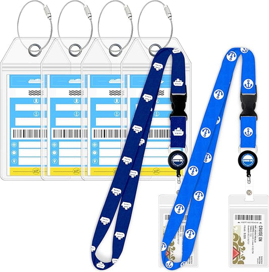 Cruise On Norwegian Luggage Tag Holders (4 Pack) & Lanyards (2 Pack) – Large, Clear, Waterproof Cruise Essentials 2026-2027 – Secure Ship Tags & Cards (Royal Blue)